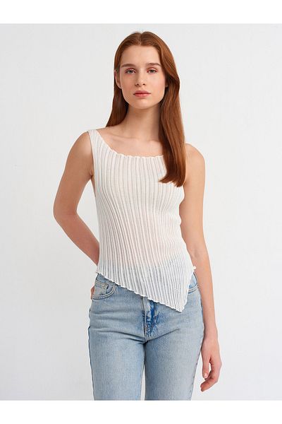 Dilvin 10560 Boat Neck Ribbed Transparent Knitwear Blouse-Ecru