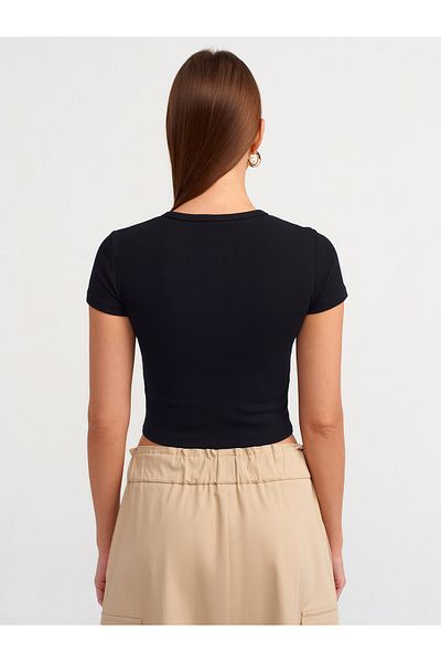 Dilvin 30938 Black Crop Top - Button Detailed