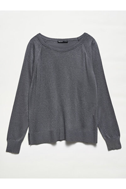 Dilvin 10557 Bisiklet Yaka Simli Basic İnce Triko Kazak-Füme