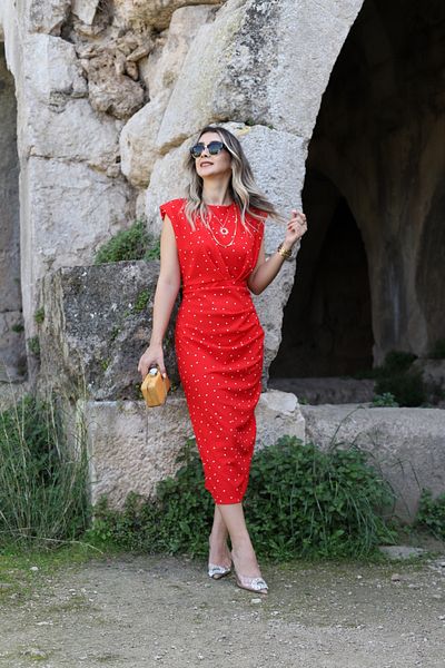 bytugcekaya Polka Dot Red Padded Half Fisherman Dress