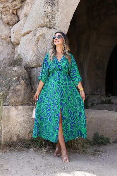 bytugcekaya Πράσινο-Μπλε φόρεμα με μανίκια με σχισμή