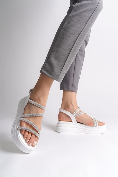 Afrodit Clz948 Thin Buckle Stoned Striped Orthopedic Sole Women's Sandals Bt White