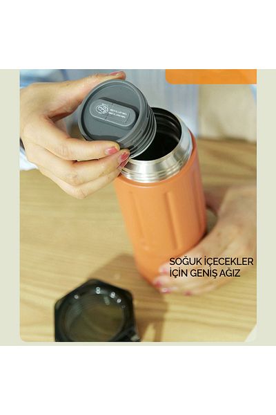 Tyeso Orange Tritan Thermos - Vacuum, Insulated, Double Lid, 600ml with Handle