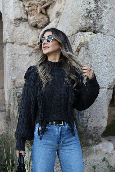 bytugcekaya Pulover cu ciucuri de culoare antracit