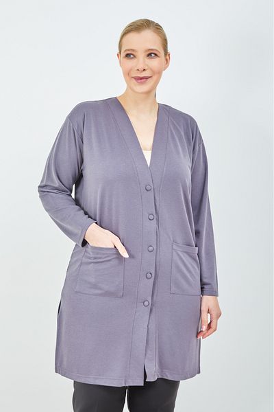 Elçelya Moda Cardigan lung din bumbac pieptănat pentru mamă, cu buzunar cu nasturi, de mărime mare, gri