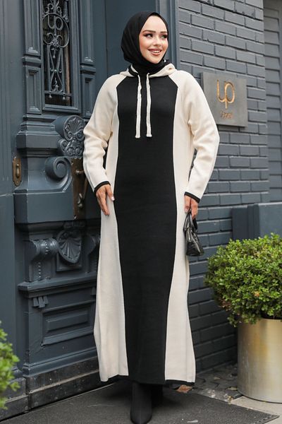 Neva Style Rochie tricotată Hijab cu bloc de culoare crem - 24461KR