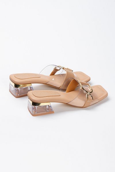 Miss Mitto Women's Nude Faux Leather Skin Thick Transparent Heeled Stylish Buckle Detailed Soft Comfortable Slippers