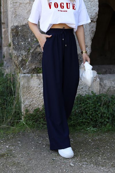 bytugcekaya Navy Blue Palazzo Bottom - Elastic Waist