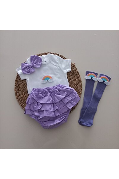 MARS BABY Kız Bebek Lila Gökkuşağı Fırfır Şort Etek Bodyli Çorap Takımı