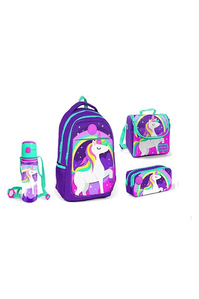 Coral High Navy Blue Unicorn Patterned Nutrition School Bag Pen Holder Flask