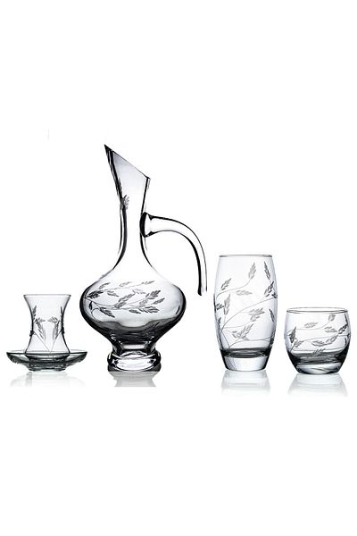 DECOCIA Pudgy 25 Piece Glass Dowry Set with Bosnian Carafe and Exile Pattern