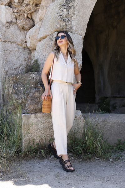 bytugcekaya Σετ λινό καρότο μπεζ γιλέκο