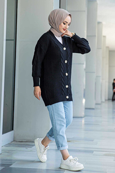 LUGMO Γυναικεία πλεκτά Hijab Ζακέτα με 5 κουμπιά μαλλιά πλεκτή ζακέτα μαύρη