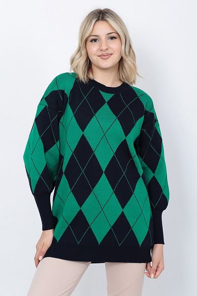LUGMO Tricotaj de damă Pulover Decolteu Crew Model Diamond Oversize Negru-Verde