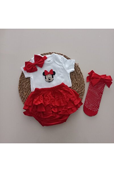 MARS BABY Baby Girl Red Minnie Ruffle Shorts Skirt Bodysuit Red Fishnet Set