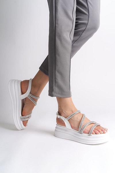 Afrodit Clz948 Thin Buckle Stoned Striped Orthopedic Sole Women's Sandals Bt White