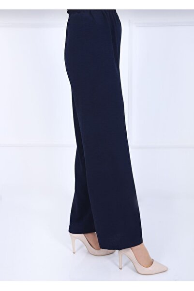 Elçelya Moda بنطلون نسائي أزرق داكن بخصر مطاطي من قماش أيروبين واسع الساق مقا...