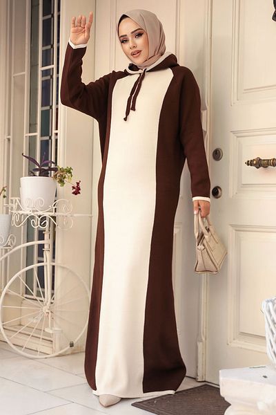 Neva Style Rochie tricotată Hijab de culoare bloc maro - 24461KH