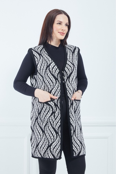 Elçelya Moda Women's Cream Leaf Patterned Long Winter Knitwear Mother Vest with Pockets