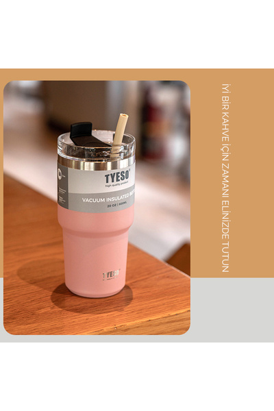 Tyeso Tripletask Thermos Vacuum Stainless Steel Straw 600ml Pink