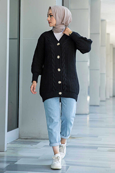 LUGMO Γυναικεία πλεκτά Hijab Ζακέτα με 5 κουμπιά μαλλιά πλεκτή ζακέτα μαύρη