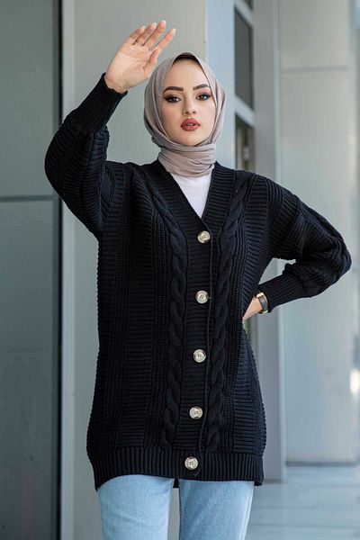 LUGMO Γυναικεία πλεκτά Hijab Ζακέτα με 5 κουμπιά μαλλιά πλεκτή ζακέτα μαύρη