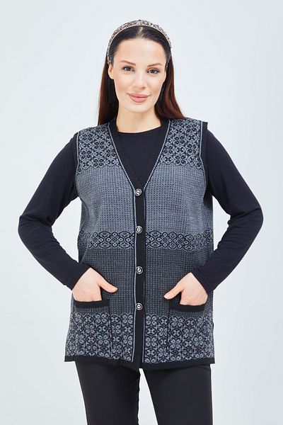 Elçelya Moda Women's Short Black Gray Patterned Knitwear Buttoned Pocket Winter Mother Vest