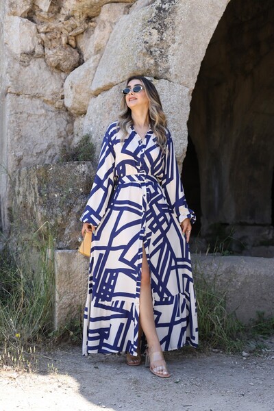 bytugcekaya Beige Navy Blue Patterned Dress with Belt Detail