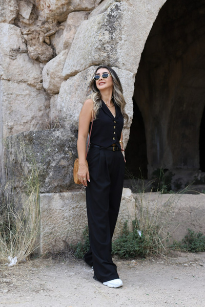 bytugcekaya Льняний чорний жилет - дизайн з вирізом на спині