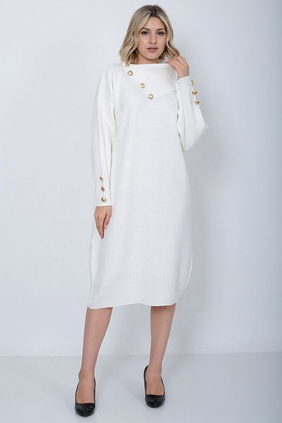LUGMO Knitwear Long Women's Dress Collar Buttoned Ecru
