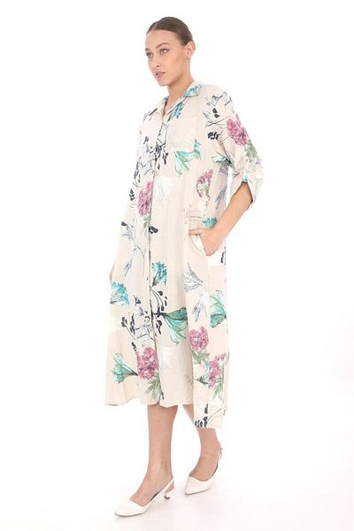 Bohem Stil Bohomian Italian Long Digital Floral Printed Linen Shirt Dress & Cap