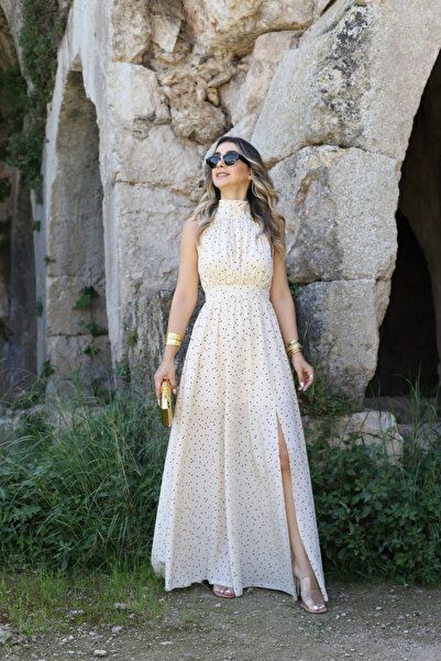 bytugcekaya Ekru Puantiyeli Halter Yaka Elbise