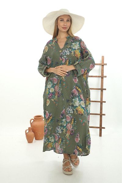 Bohem Stil Φόρεμα Bohomiyan Plus Size Ιταλικό μακρύ ψηφιακό λουλουδάτο λινό πουκάμισο με λαιμόκοψη