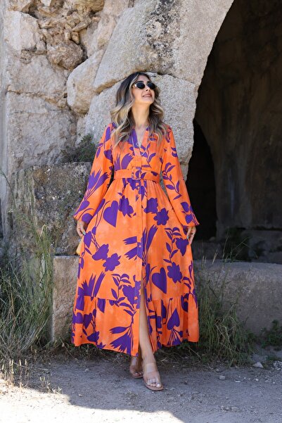 bytugcekaya Narandžasta haljina sa remenom u vintage stilu