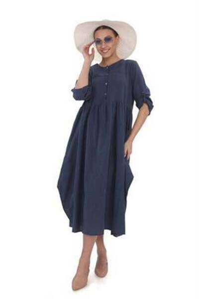 Bohem Stil Φόρεμα από λινό μπαλόνι με στρογγυλή λαιμόκοψη