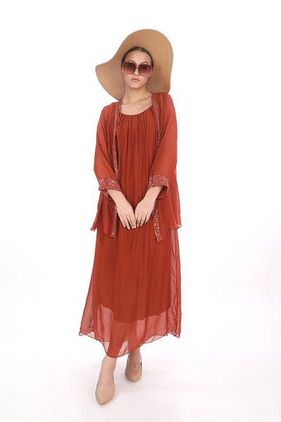EREN STYLE Hanging Silk Dress & Sequin Sequined Cap 2 Pieces Set