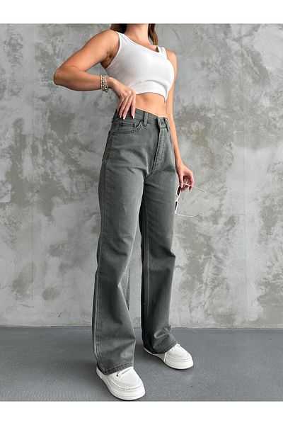 FERZOLAİO High Waist Gray Palazzo Jean Trousers
