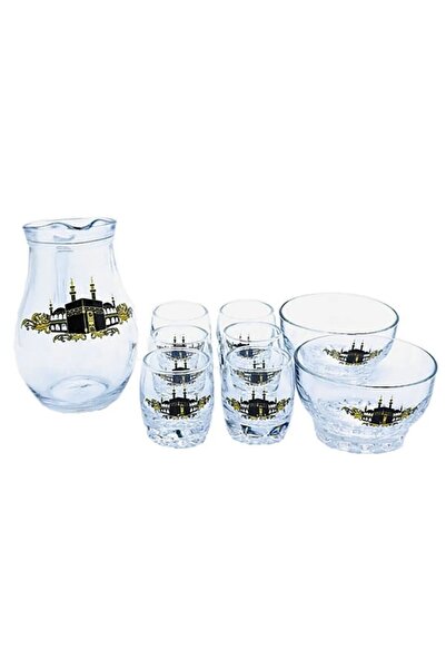 Hediyeleşin Zemzem Service Set, Kaaba Patterned Glass Zemzem Set - 9 Pieces