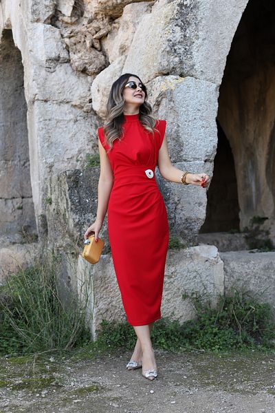bytugcekaya Red Buckle Padded Dress