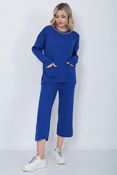 LUGMO Tricotaj de damă cu buzunare cu lanț Pulover Pantaloni Oversize Albastru