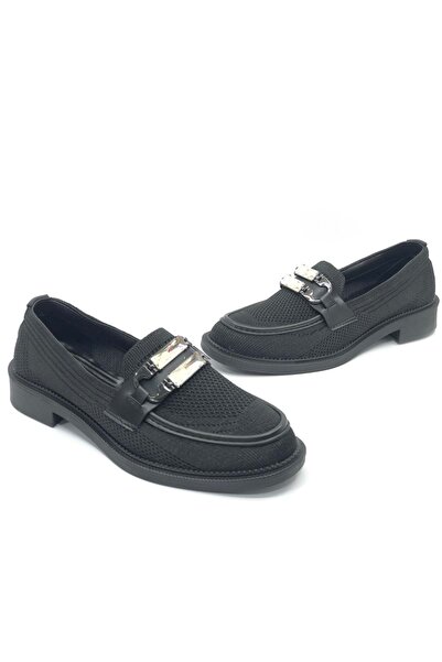 KOCAMANLAR Чорні трикотажні лофери - жіночі балетки з каменем-застібкою