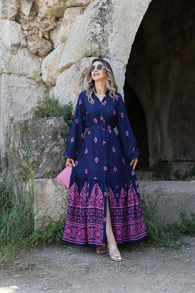 bytugcekaya Rochie cu curea albastru bleumarin cu model roz