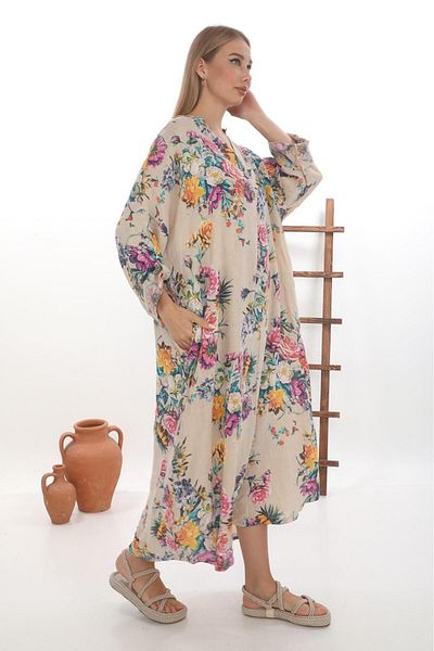 Bohem Stil Φόρεμα Bohomiyan Plus Size Ιταλικό μακρύ ψηφιακό λουλουδάτο λινό πουκάμισο με λαιμόκοψη