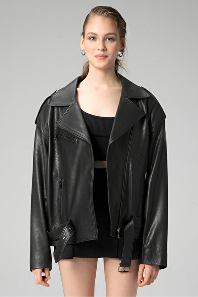 Dericlub Pamela Unisex Jumbo Oversize Biker Hakiki Deri Mont Siyah