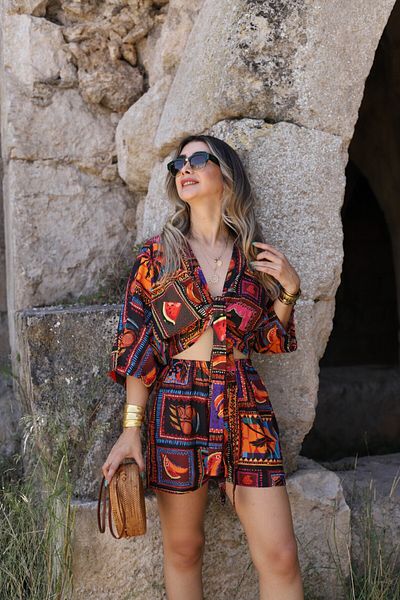 bytugcekaya Tropical Patterned Tied Woven Suit Set