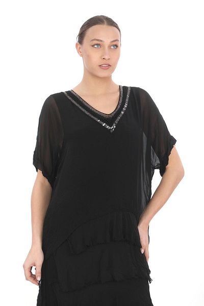 EREN STYLE Rochie italiană de mătase cu paiete cu decolteu în straturi