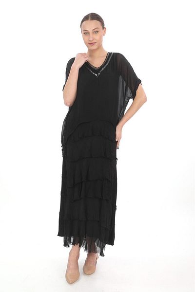 EREN STYLE Rochie italiană de mătase cu paiete cu decolteu în straturi