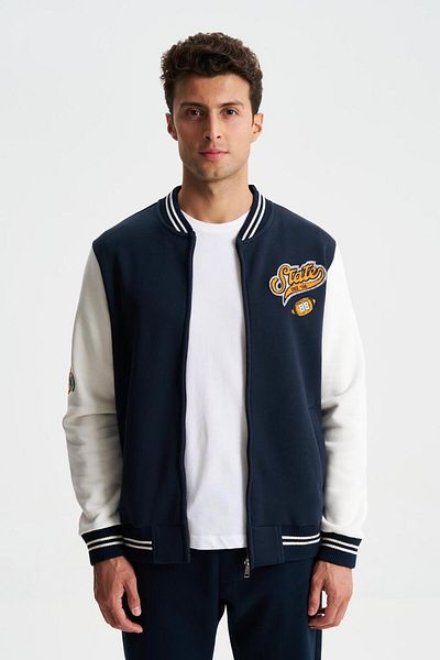 Arma Navy Blue Cotton Men's Coat - Stand Collar Printed College Sweatshirt K with Pockets 28264650401