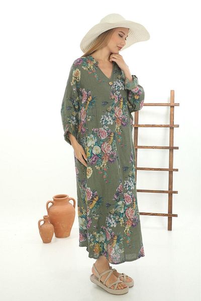 Bohem Stil Φόρεμα Bohomiyan Plus Size Ιταλικό μακρύ ψηφιακό λουλουδάτο λινό πουκάμισο με λαιμόκοψη