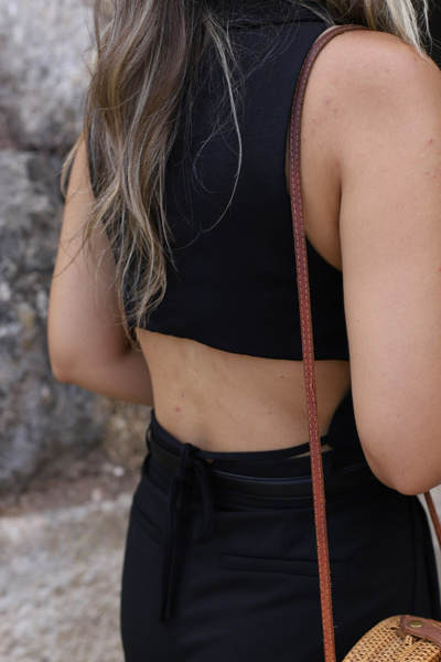 bytugcekaya Льняний чорний жилет - дизайн з вирізом на спині